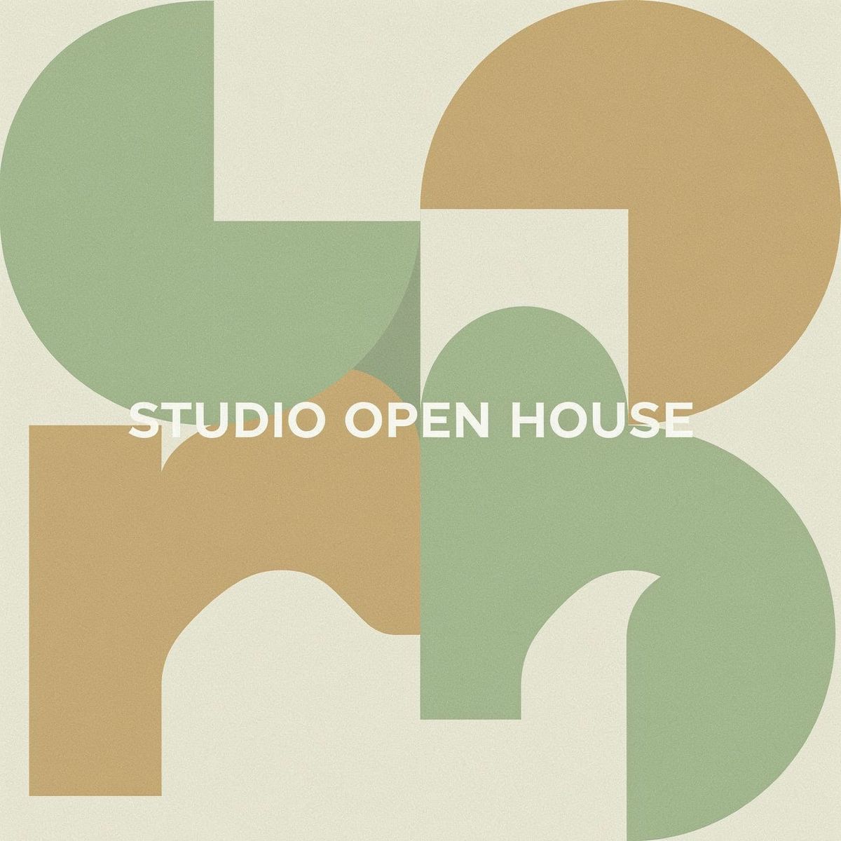 A flat geometric studio graphic in sage, sand, and clay reading STUDIO OPEN HOUSE