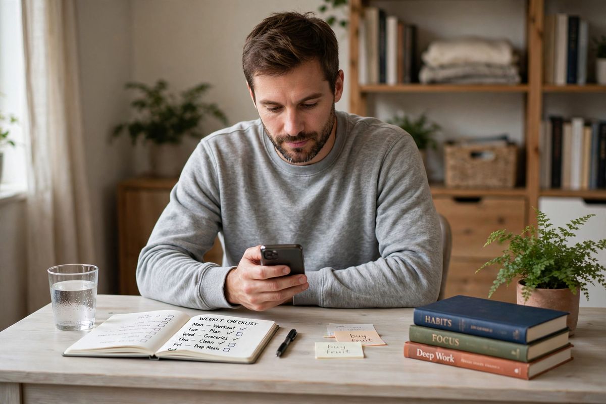A man in a heather grey sweatshirt sitting at a pale ash desk in a home study tapping his phone, with an open notebook and a glass of water beside him and a stack of books and a low fern further along the desk
