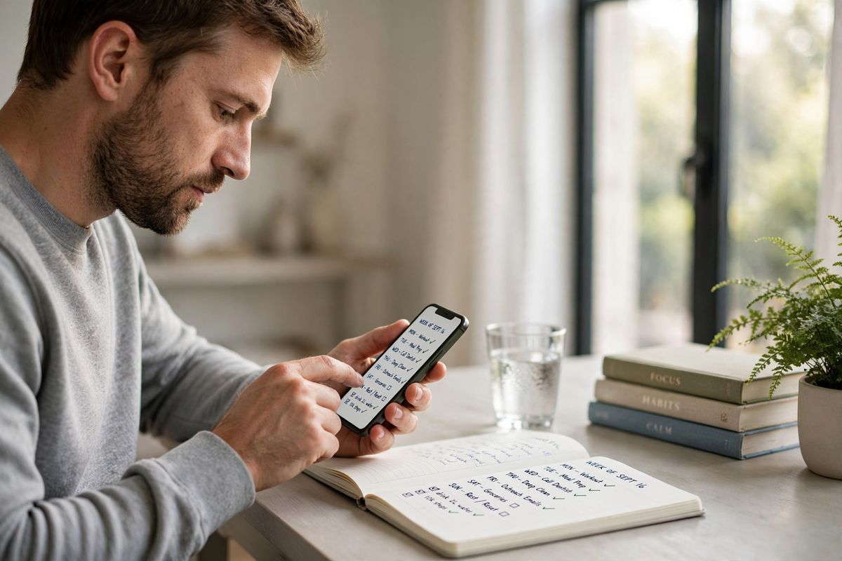 A man in a heather grey sweatshirt at a pale ash desk in a home study tapping his phone, framed to the left with early morning window light from the right and the empty desk running away to the right of frame