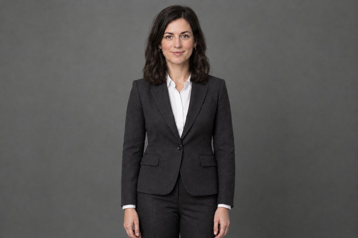 The same woman in the same pose against the same grey wall, now wearing a tailored charcoal suit over a white shirt