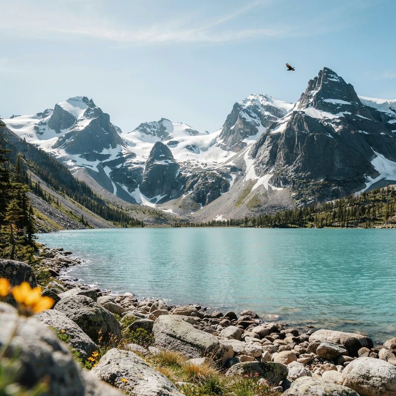 The same alpine lake with the shoreline empty and the rocks reconstructed