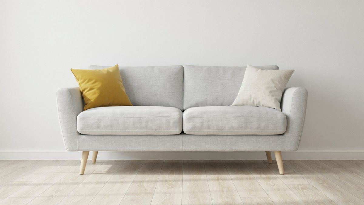 The sofa after the masked edit, with only the left pillow changed to mustard yellow velvet and the right one still cream