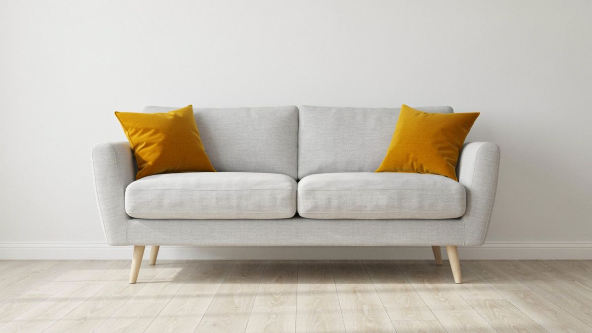 The sofa after the edit without a mask, with both pillows changed to mustard yellow velvet