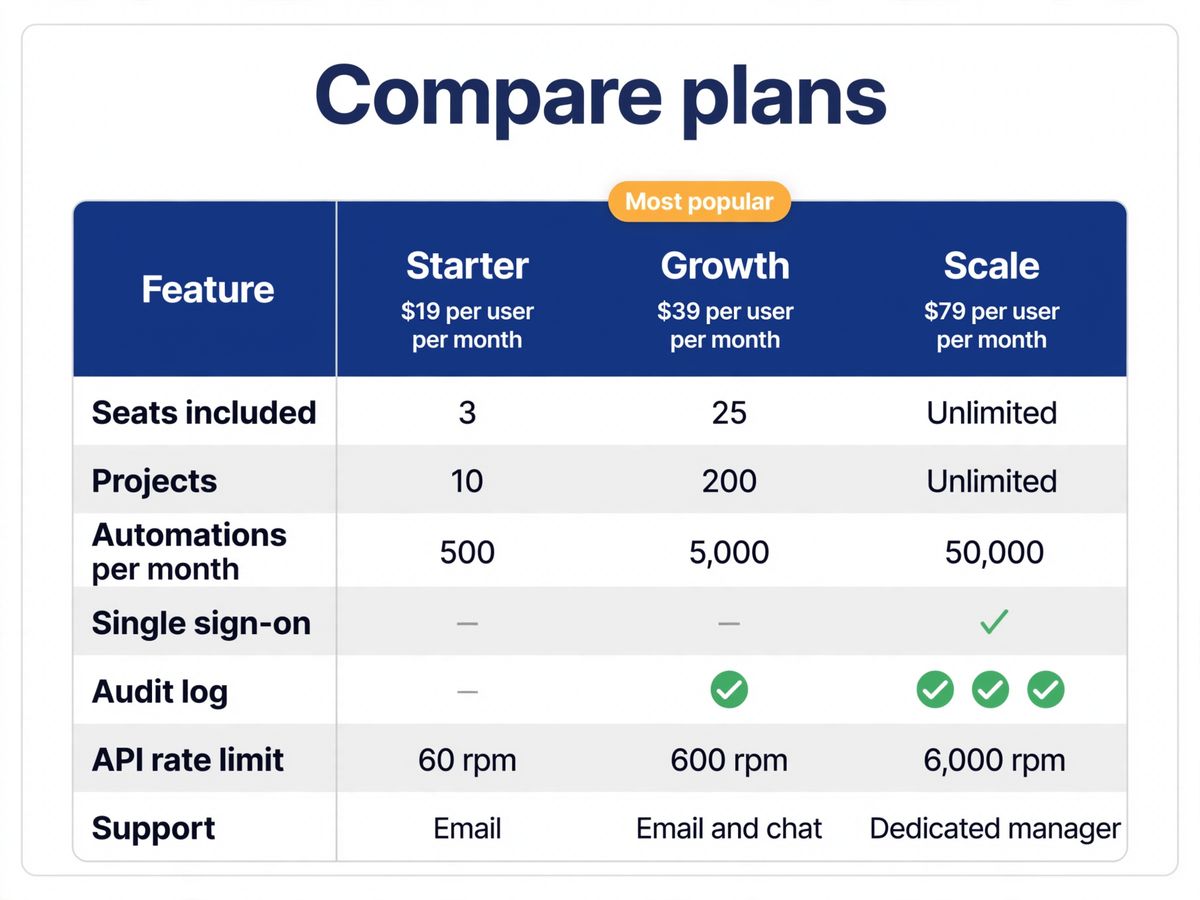 A three-column pricing comparison table headed Compare plans, with Starter, Growth and Scale columns priced at $19, $39 and $79 per user per month, a Most popular badge above the Growth column, and seven feature rows covering seats, projects, automations, single sign-on, audit log, API rate limit and support