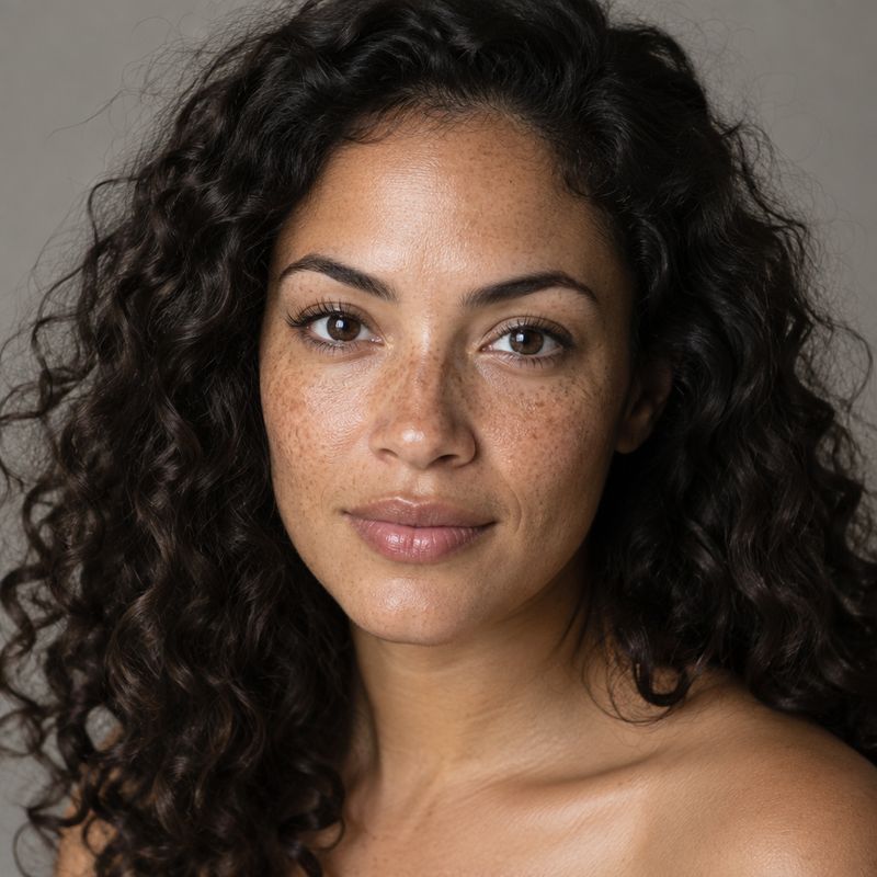 A head-and-shoulders beauty portrait of a woman with freckled skin and dark curly hair against a warm grey backdrop, her skin rendered smoothly and her hairline soft