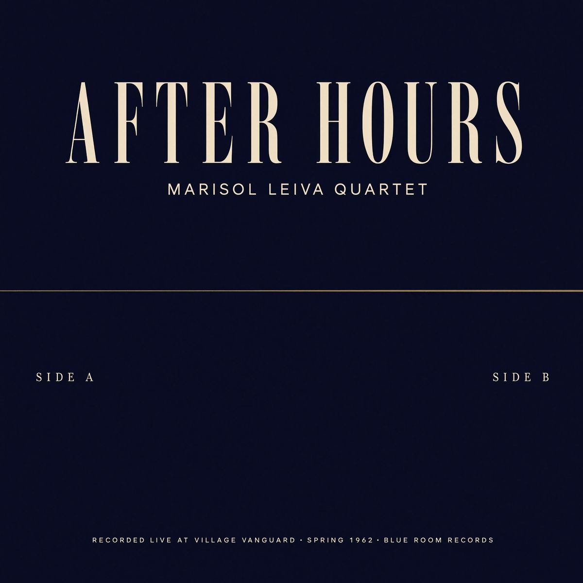 A jazz vinyl album cover on a deep midnight-blue background with the title AFTER HOURS in tall condensed serif capitals in the upper third, the artist name MARISOL LEIVA QUARTET in small tracked capitals below, SIDE A on the lower left and SIDE B on the lower right, and a small centred credit line at the bottom