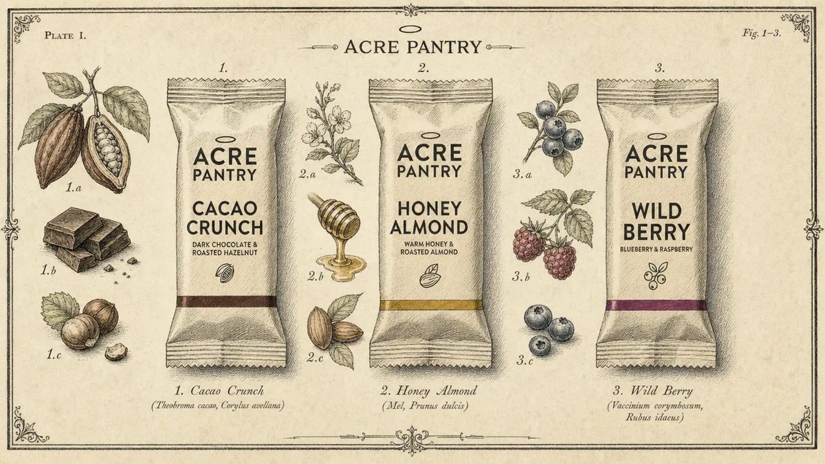 A Victorian-era hand-drawn botanical specimen plate of the three Acre Pantry granola bars rendered as scientific samples on aged cream paper, with fine pen-and-ink line work, cross-hatched shading, muted earthy watercolor washes in sage green, dusty rose, ochre, and sepia brown, surrounding ingredient sprigs of cacao pods, almond branches, and wild berry sprigs, italic period captions, and a decorative engraved border
