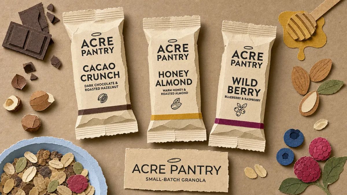 A cut-paper collage of the three Acre Pantry granola bars with visible torn and cut paper edges, layered paper textures, paper-craft chocolate and almond and berry pieces, and a paper bowl of cereal, photographed top-down on a kraft paper worktable