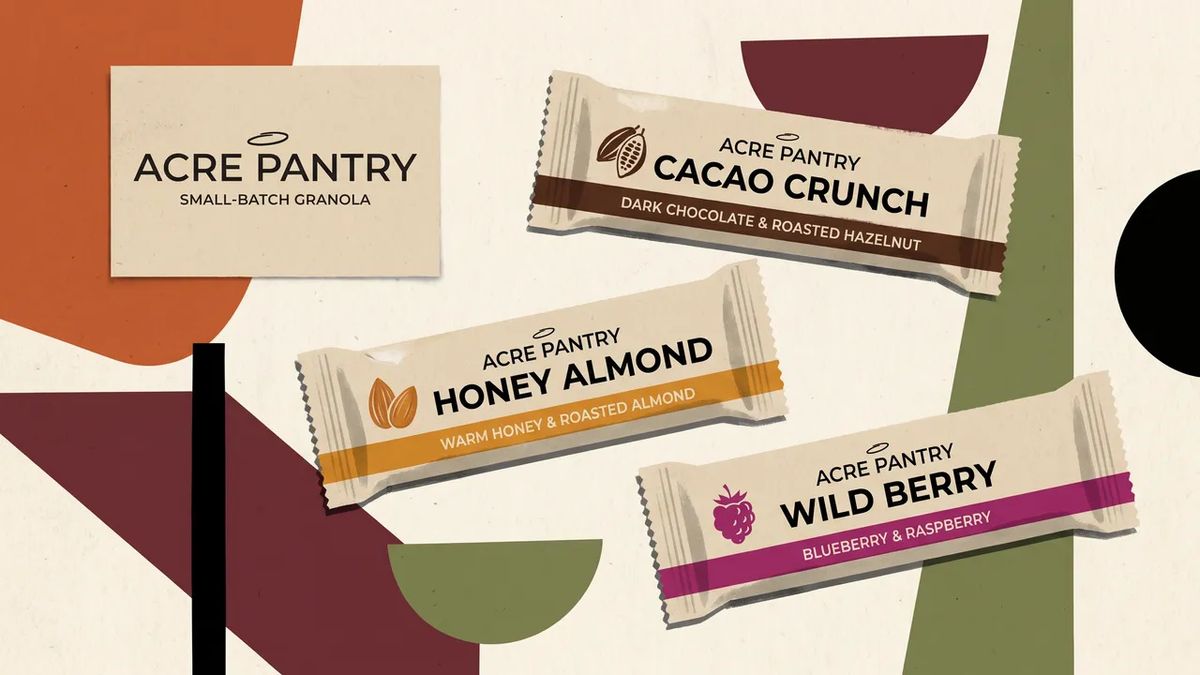 A 1960s mid-century editorial illustration of the three Acre Pantry granola bars rendered as flat geometric shapes in a muted period palette of warm ochre, dusty teal, rust red, cream, and warm black, with strong asymmetric graphic composition and simplified shape forms