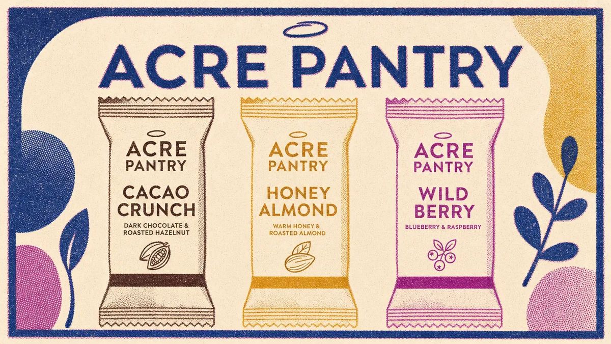 A risograph print poster of the three Acre Pantry granola bars in a limited spot-ink palette of cream, blue, yellow ochre, and pink, with visible halftone dot texture and slight ink registration offset, set on a flat printed background with simple foliage shapes