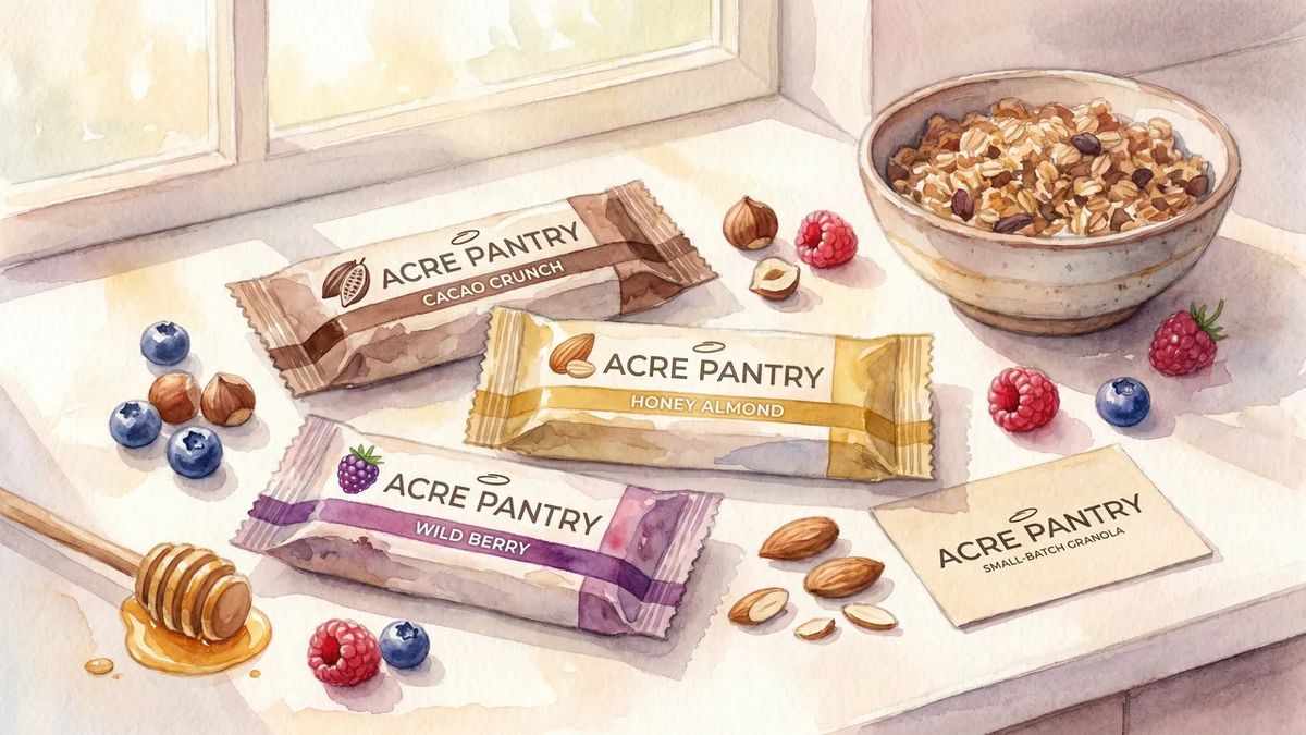 A soft hand-painted watercolor narrative illustration of the three Acre Pantry granola bars arranged on a sunlit kitchen windowsill or counter, with a painted bowl of granola, scattered hazelnuts and berries, a wooden honey dipper with a honey drip, all rendered with visible pigment bleed, cold-press paper texture, and soft pastel palette