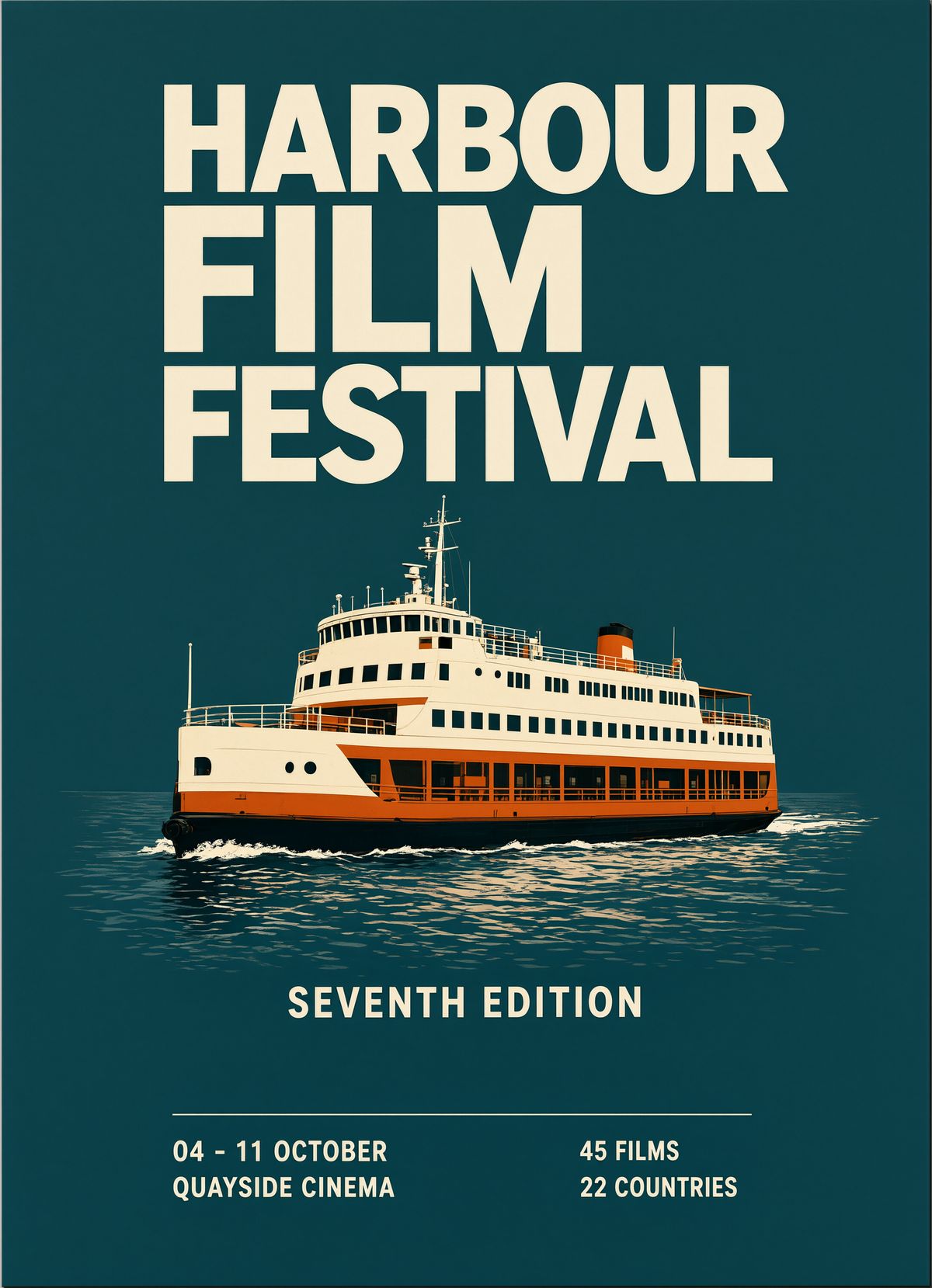 A teal film festival poster reading HARBOUR FILM FESTIVAL over a ferry illustration, with SEVENTH EDITION and four lines of details in two columns