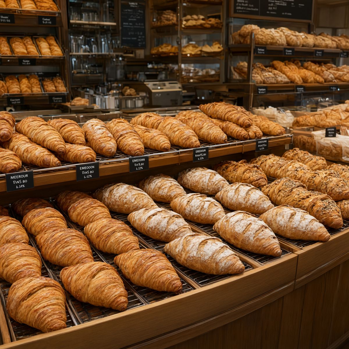 A bakery display case filled with rows of croissants and baguettes on wire racks under shelf lighting