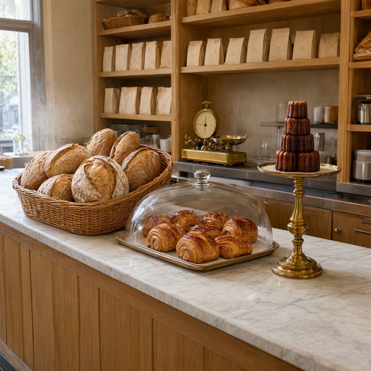 A marble bakery counter running diagonally with a basket of sourdough boules, croissants under a glass dome, a brass cake stand, and oak shelving of paper bags behind