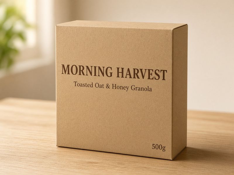A kraft-paper granola box on a wooden surface reading MORNING HARVEST across the top, Toasted Oat & Honey Granola below, and 500g in the lower corner