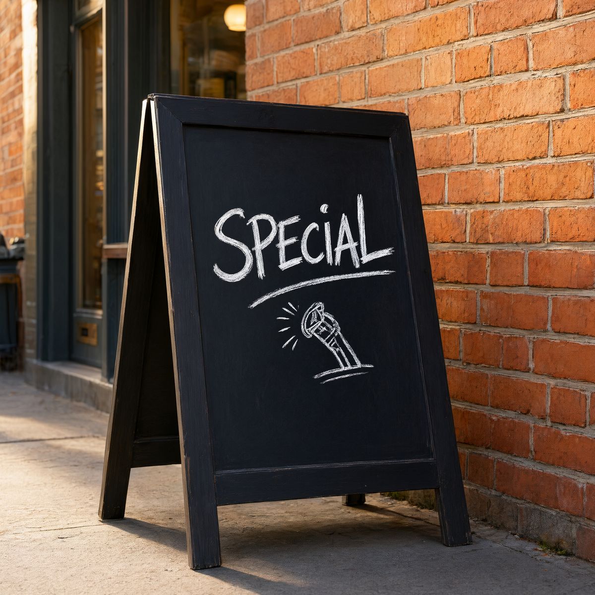 A black A-frame chalkboard outside a bakery reading SPECIAL in white chalk with a small chalk drawing beneath