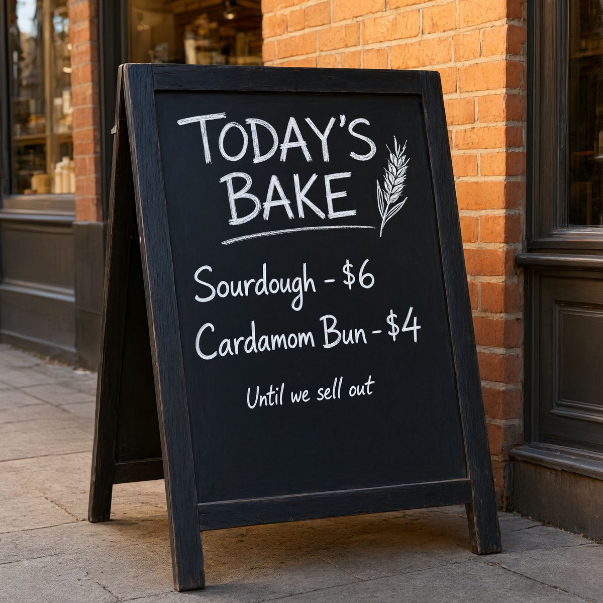The same chalkboard reading TODAY'S BAKE, Sourdough - $6, Cardamom Bun - $4, and Until we sell out in white chalk