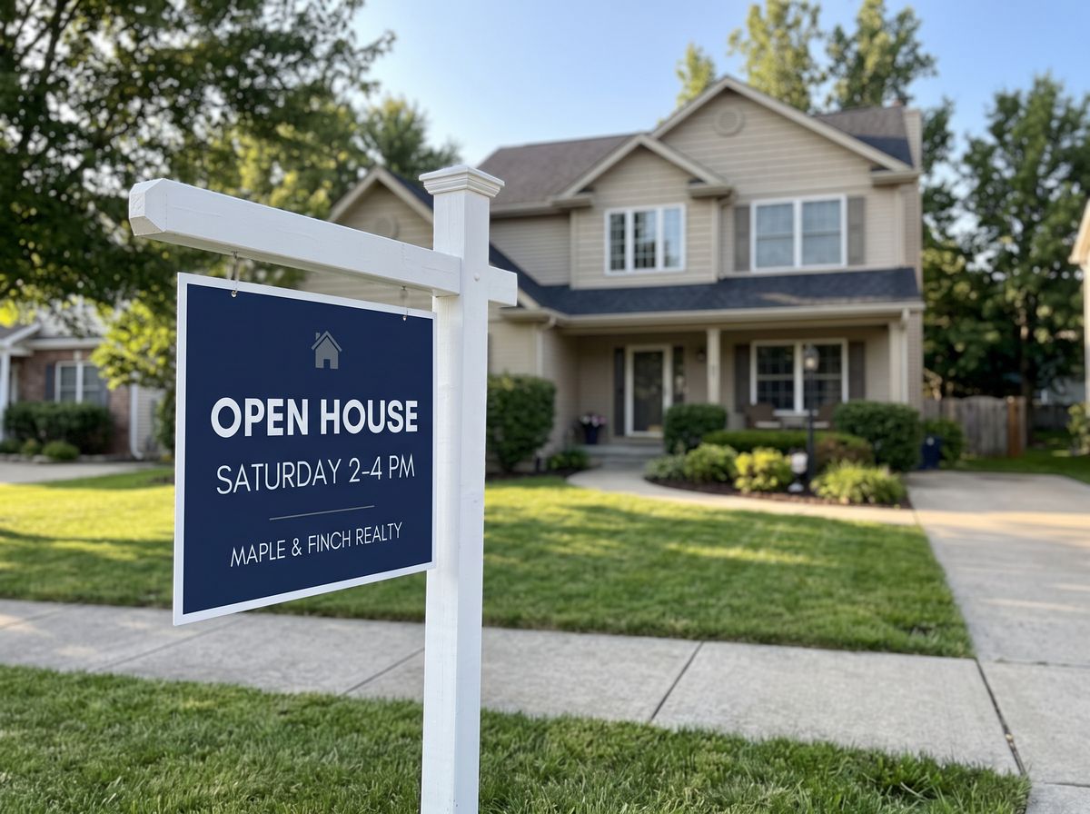 A navy real estate yard sign on a white post in front of a suburban house, reading OPEN HOUSE in bold capitals, SATURDAY 2-4 PM in a lighter weight, and MAPLE & FINCH REALTY in small capitals