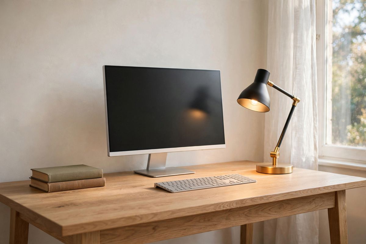 A matte black desk lamp switched on beside a monitor and keyboard on a light oak desk in morning daylight