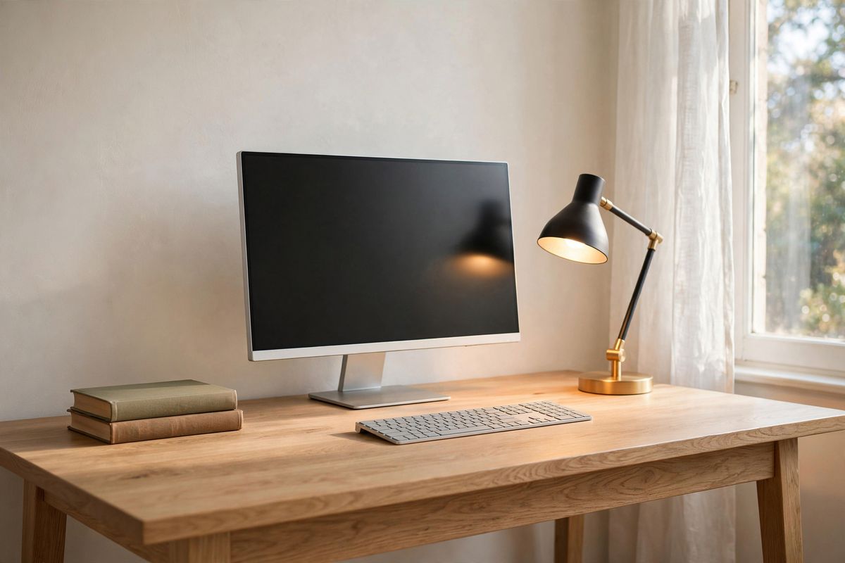 The same matte black desk lamp on the same light oak desk, positioned differently relative to the monitor and shot from a wider angle