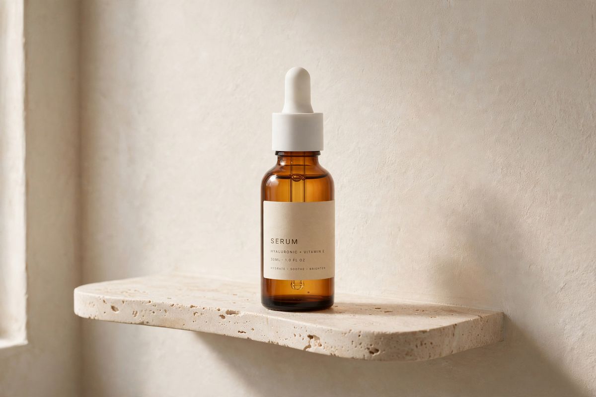 An amber serum bottle standing on a travertine shelf in soft morning light with a few small props around it