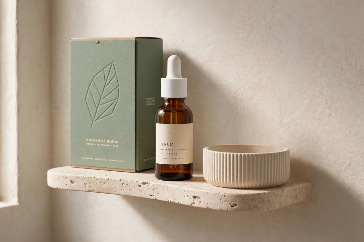 An amber serum bottle centred on a travertine shelf with a sage-green carton behind it to the left and a ribbed ceramic dish to its right