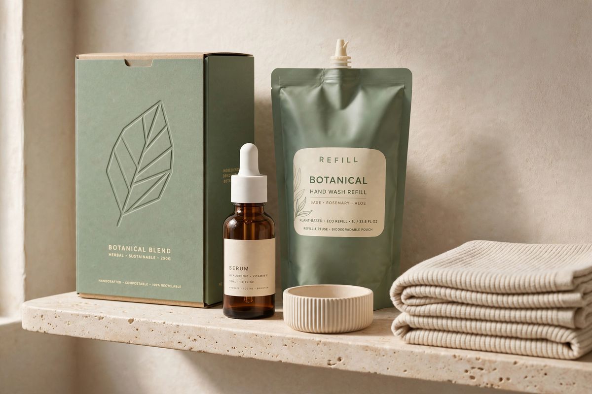 An amber serum bottle, a sage-green carton, a refill pouch, a ribbed ceramic dish and a folded oatmeal towel arranged along a travertine shelf in morning light
