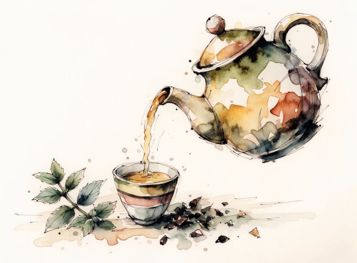Watercolor botanical illustration of a ceramic teapot pouring golden tea into a small cup, with a sprig of mint and loose tea leaves scattered on a warm wooden surface