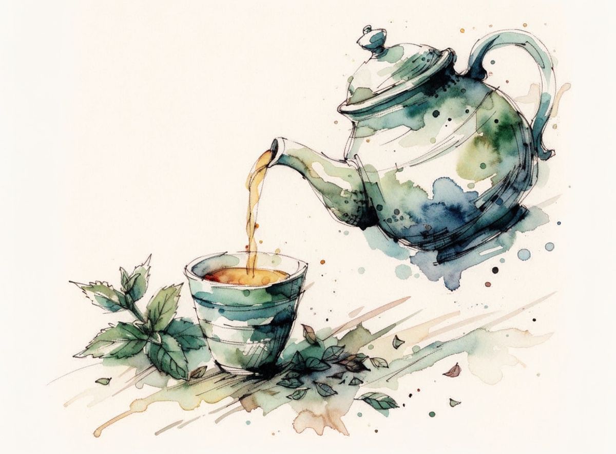 Watercolor botanical illustration of a ceramic teapot pouring golden tea into a small cup, with a sprig of mint and loose tea leaves scattered on a warm wooden surface