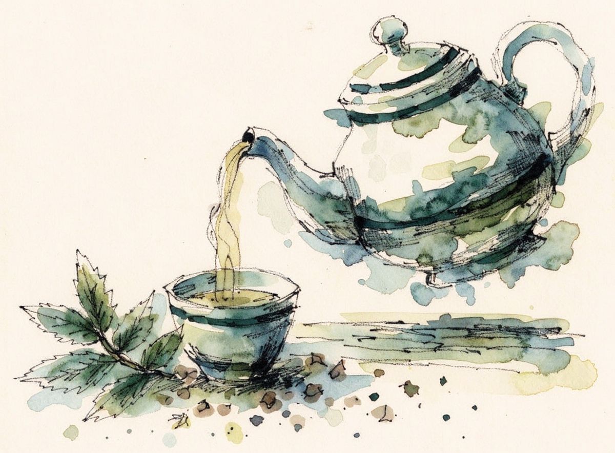 Watercolor botanical illustration of a ceramic teapot pouring golden tea into a small cup, with a sprig of mint and loose tea leaves scattered on a warm wooden surface in natural morning light