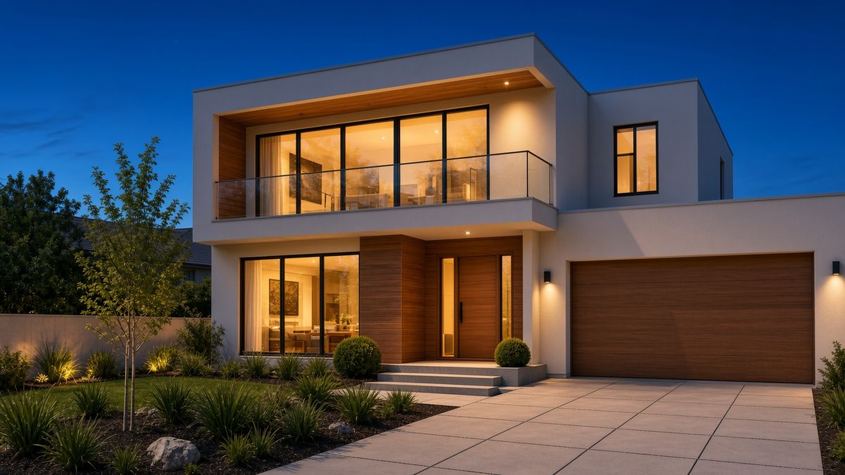 The same house at warm golden dusk with a deep blue sky and interior lights glowing through the windows