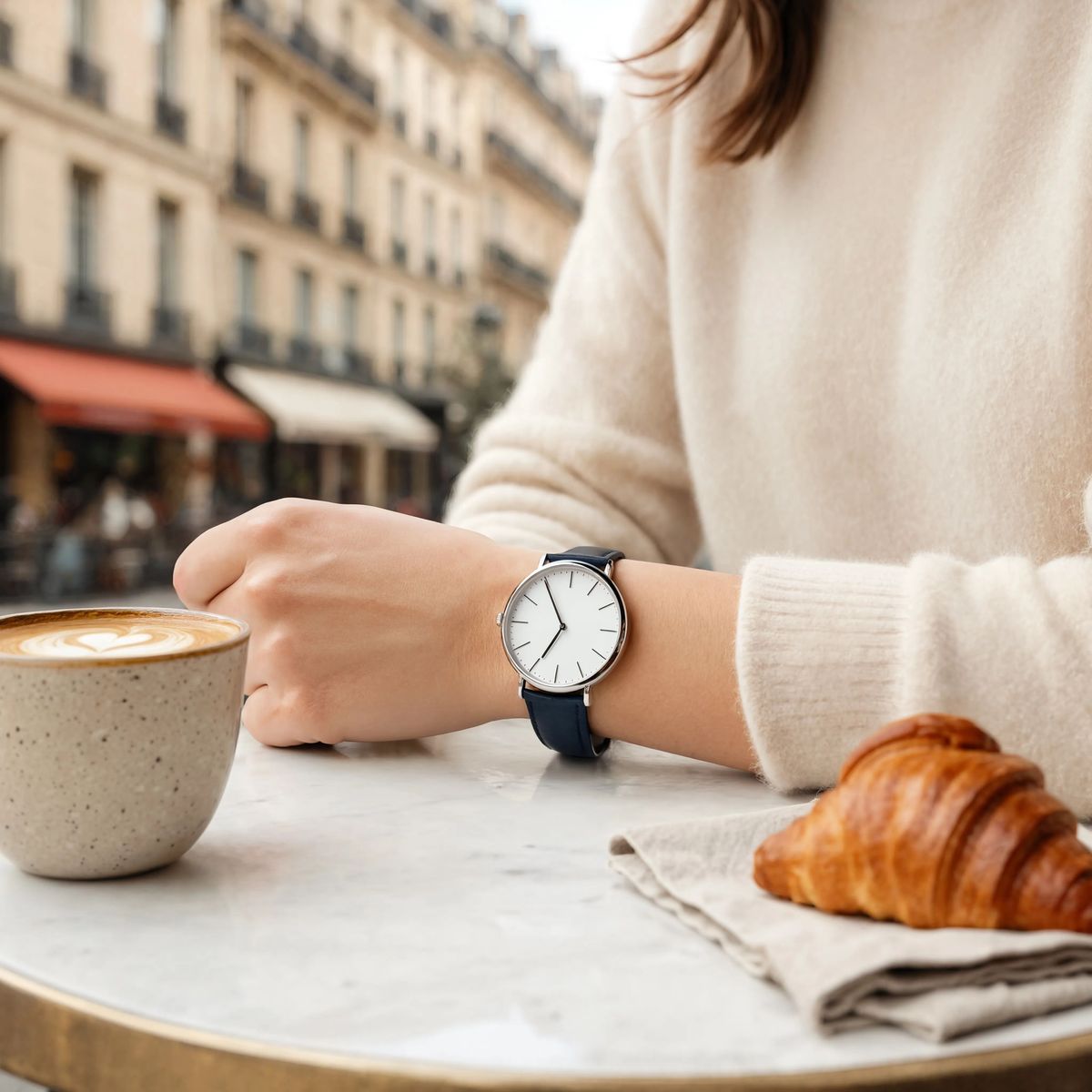 The same wristwatch worn on the wrist of a woman in a cream cashmere sweater resting on an outdoor cafe table, with a warm flat white and a croissant beside her forearm