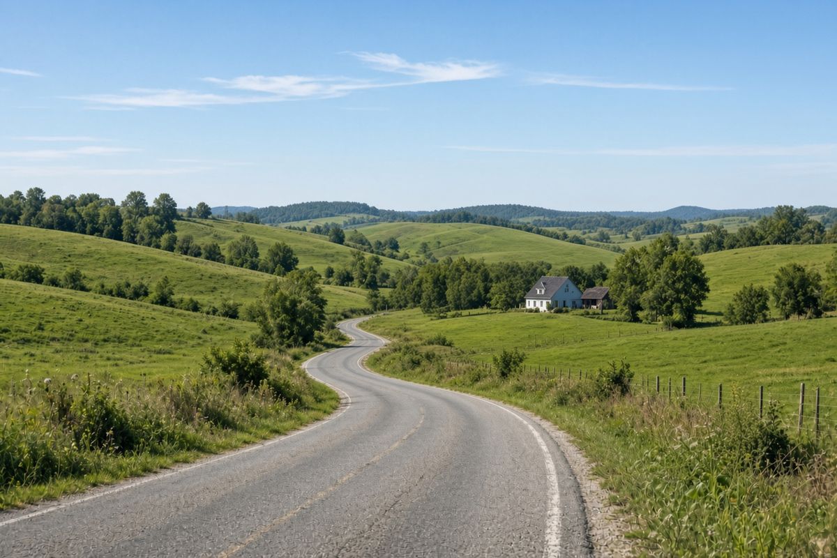 The same road and hills with the utility poles and power lines removed and the scenery filled in behind them