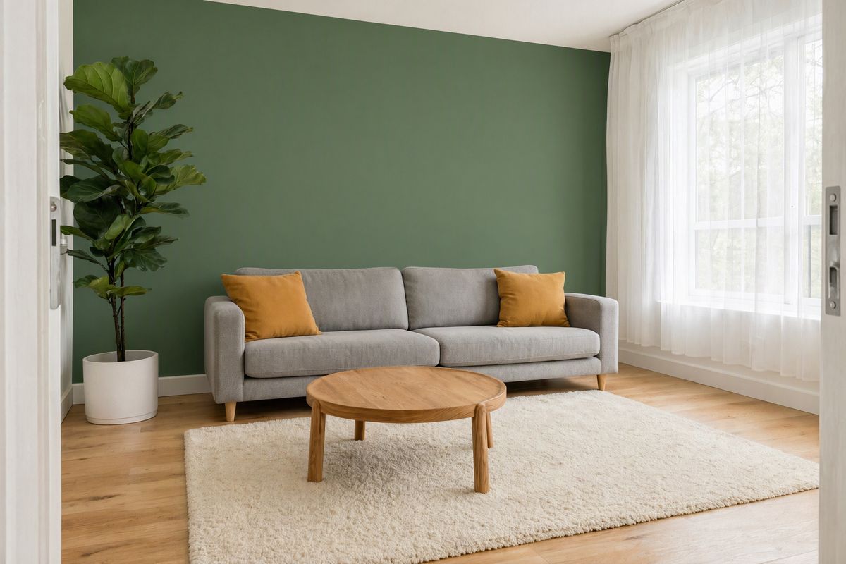 The same living room with the back wall painted a matte sage green and every piece of furniture in place
