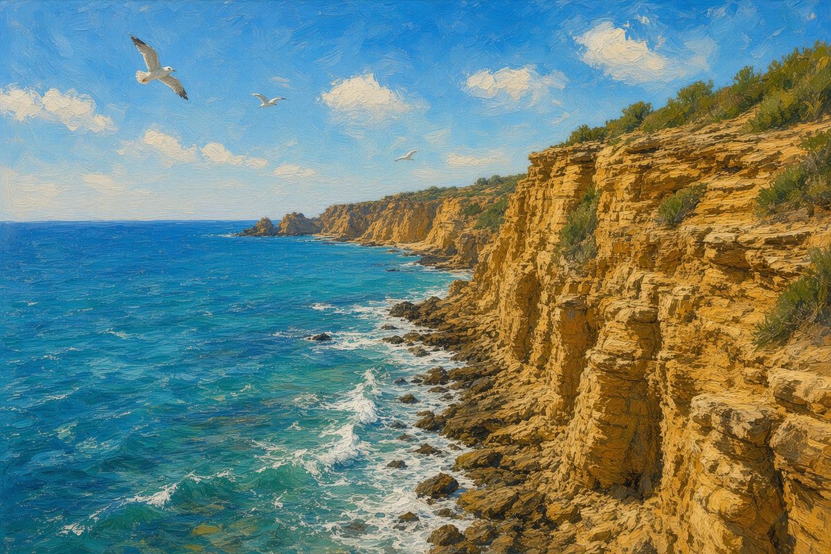 The same coastline restyled as a loose oil painting with visible brushstrokes and heightened warm and turquoise tones