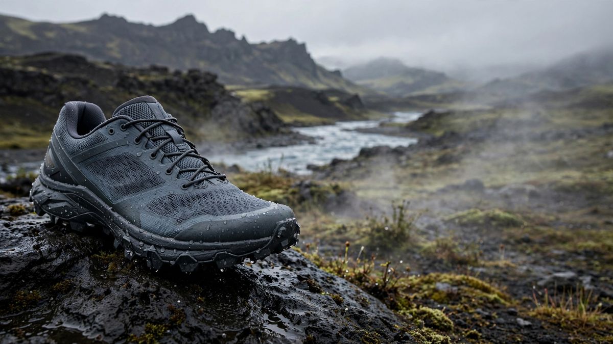 A wide banner with an unbranded trail-running shoe on wet black volcanic rock in the left third, moss, steam and a glacier-fed river behind it under flat grey light, empty space on the right