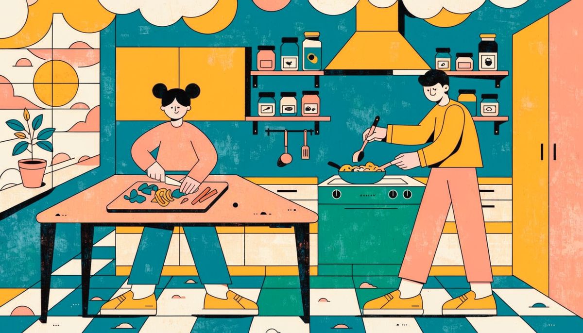Flat vector illustration of a young couple preparing a colourful healthy meal together in a modern warm-toned kitchen, one chopping vegetables at a walnut counter and the other stirring a pan on the stove, wooden shelves of jars visible on the back wall