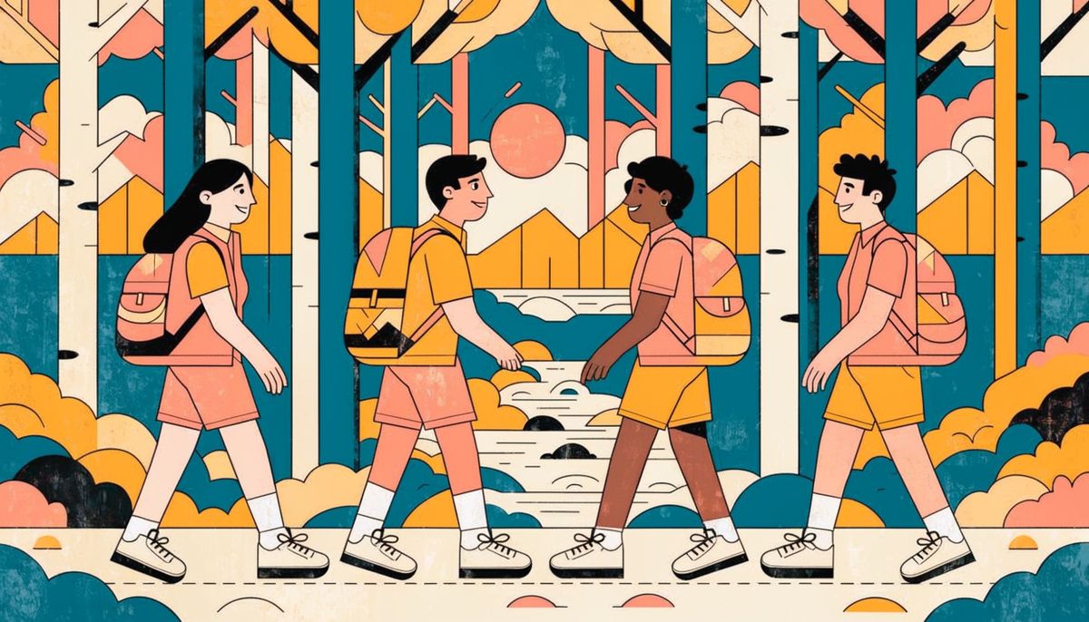 Flat vector illustration of a group of four friends hiking through a mixed pine and birch forest at midday, wearing colourful lightweight backpacks, a shallow stream visible ahead of them, warm dappled sunlight filtering through the canopy