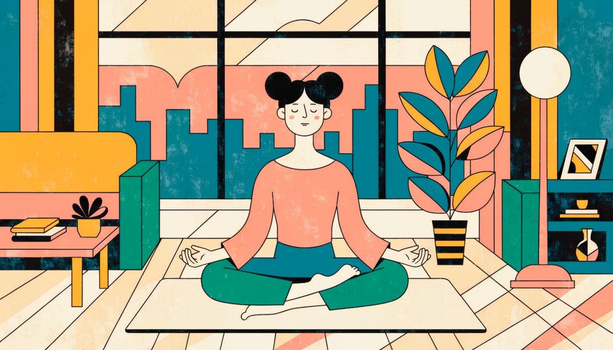 Flat vector illustration of a woman meditating in lotus position on a soft grey mat in a bright modern living room, tall houseplant in the corner, morning sunlight through a large window casting long soft shadows across the pale wooden floor