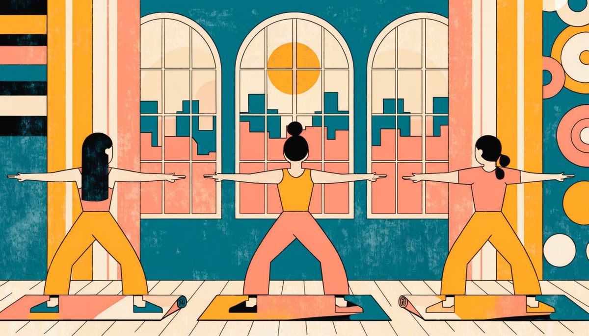 Flat vector illustration of a morning yoga session in a bright studio with tall arched windows, three women in warrior pose on soft rolled mats facing away from the camera, warm sunrise light streaming through the windows