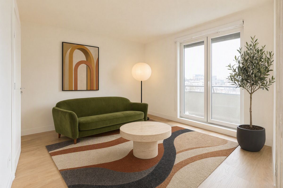 A furnished apartment living room with an olive velvet sofa against the left wall on a rust and cream rug, a travertine coffee table, a paper globe floor lamp, a framed arch print above the sofa, and an olive tree beside the window
