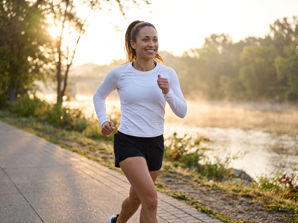 The same woman running along a misty riverside path at sunrise in a white long-sleeve top and black shorts