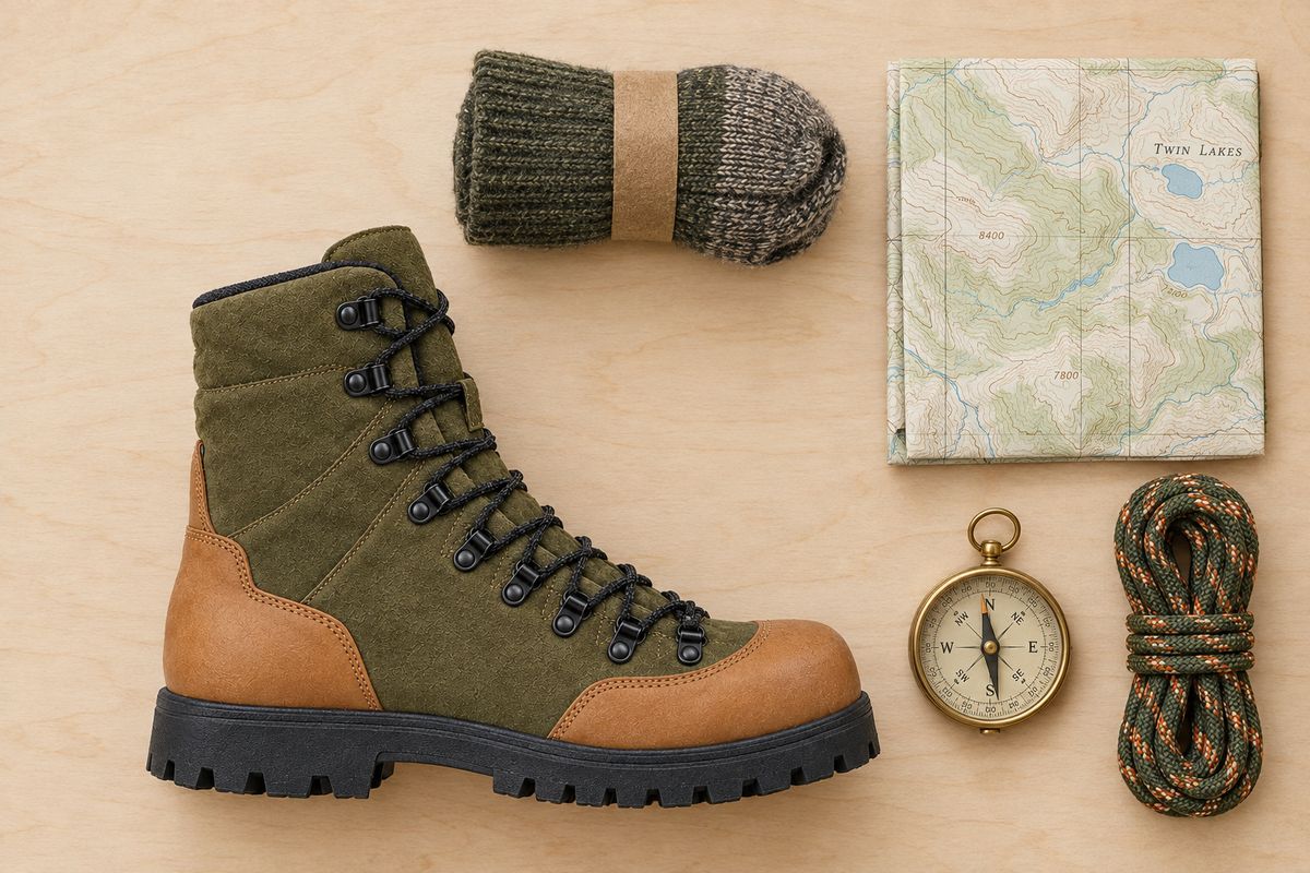 An overhead flat-lay on pale birch of the olive and tan hiking boot on its side beside a rolled wool sock, a folded topographic map, a brass compass and a coil of climbing cord