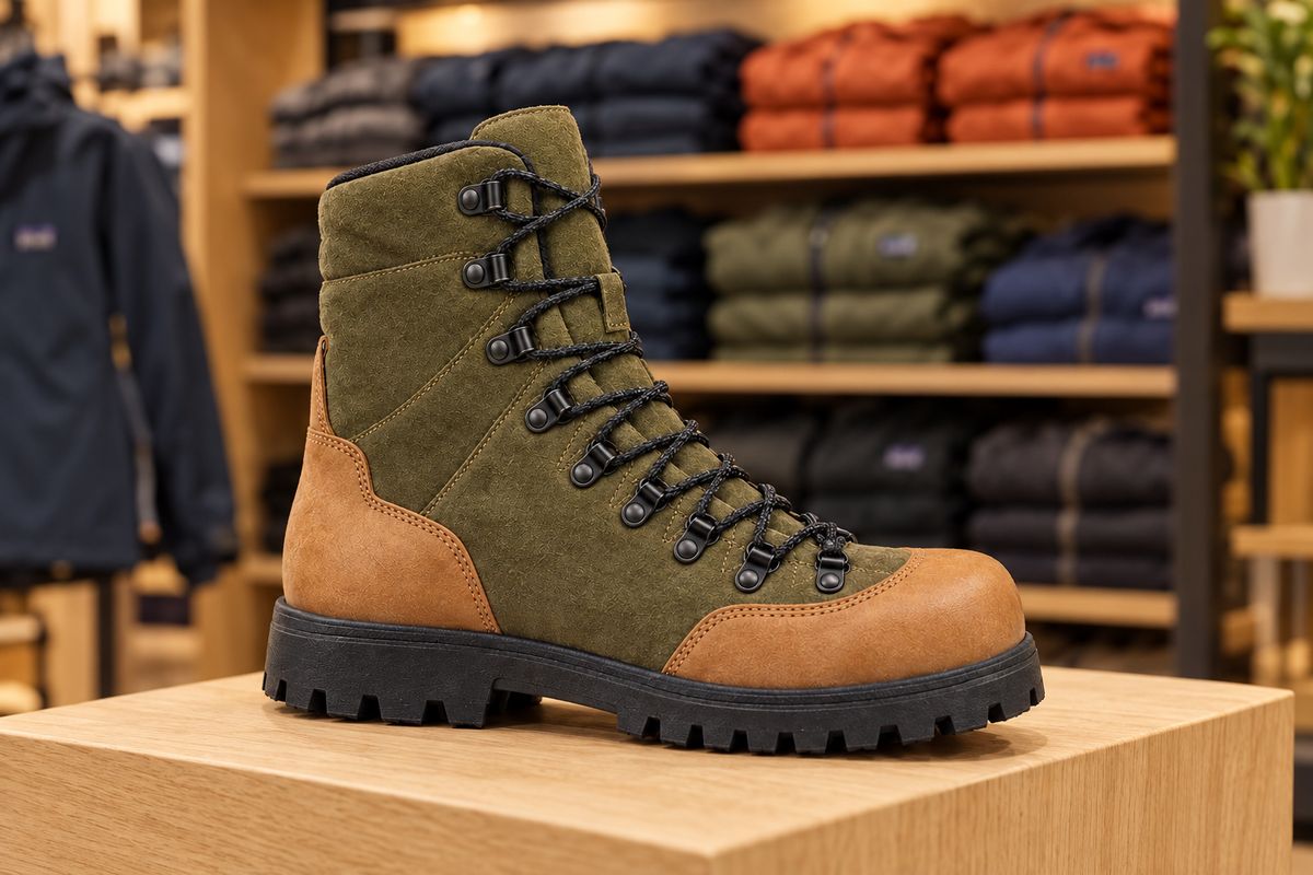 The olive and tan hiking boot standing on a pale oak plinth in an outdoor clothing shop, with a wall of folded jackets blurred behind it