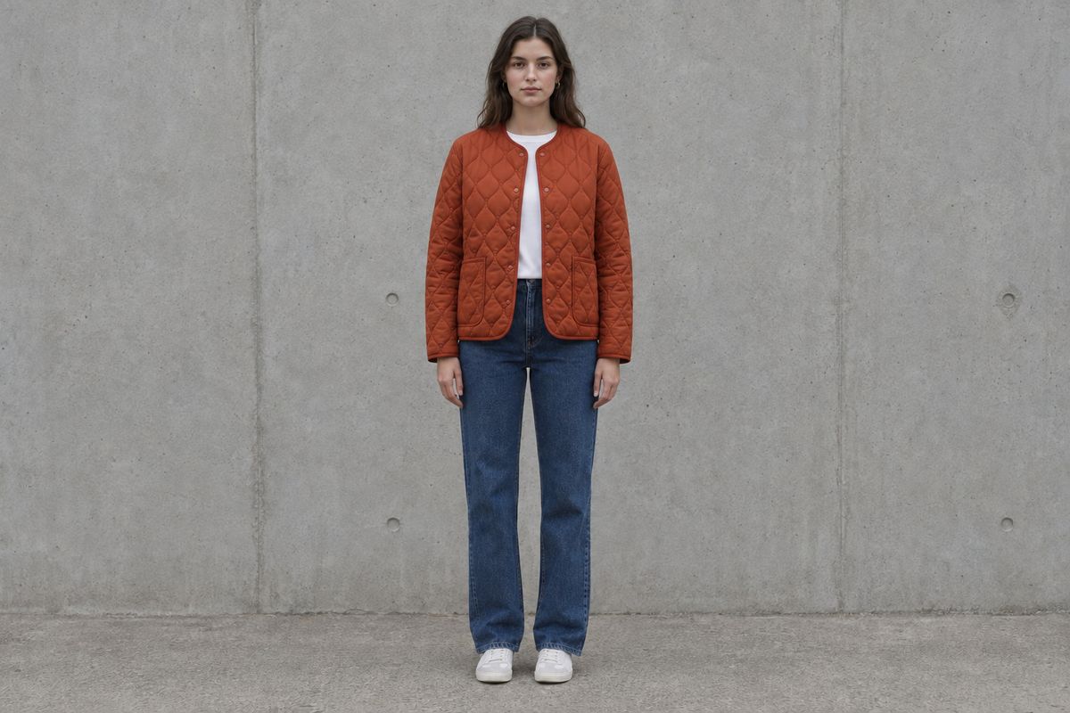 The same woman against the same wall with only her jacket changed to rust orange, her white t-shirt, indigo jeans and white trainers unchanged