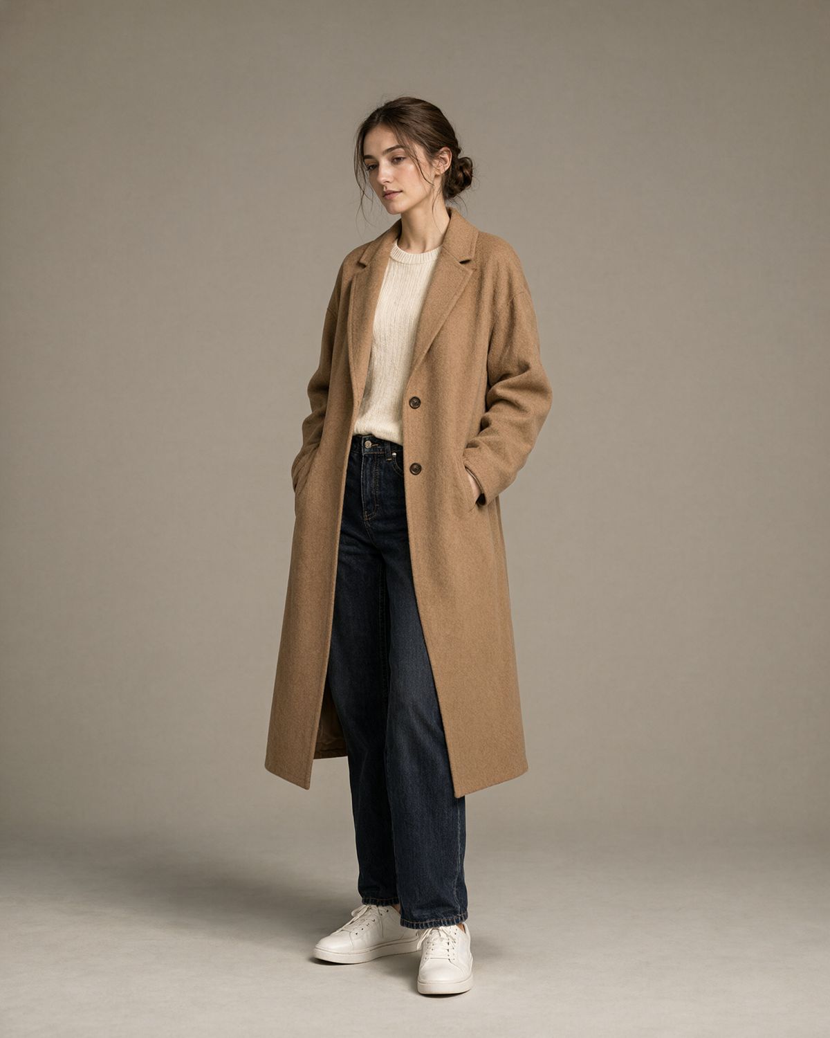 A woman in a long camel coat over a cream sweater, dark jeans, and white sneakers, standing in a three-quarter pose against a warm gray backdrop