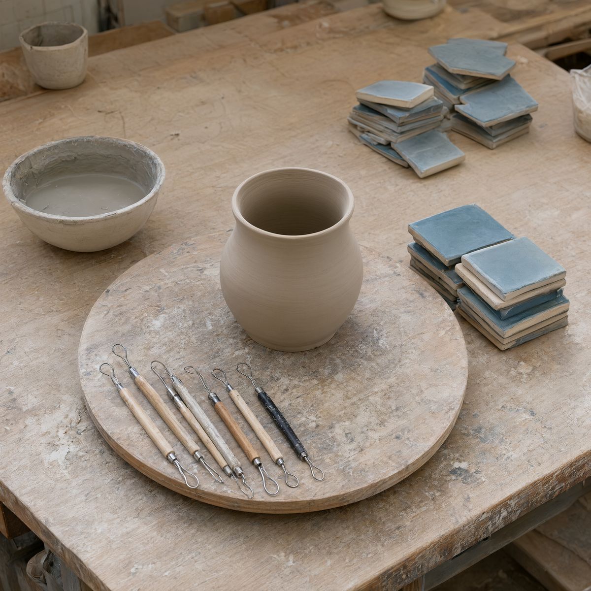 A ceramicist's workbench with a half-finished vase on a wheel head, wire tools in a row, and a stack of blue-glazed test tiles