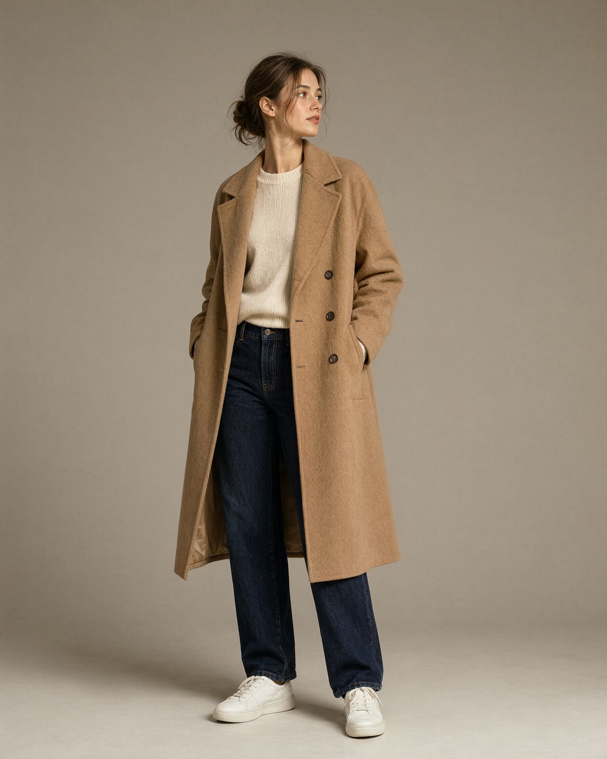 A woman in a double-breasted camel coat over a cream sweater, dark jeans, and white sneakers, looking off to one side against the same warm gray backdrop