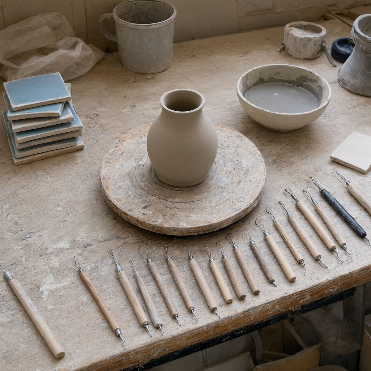 The same workbench from a lower angle with the tools spread along the front edge and a mug behind the wheel