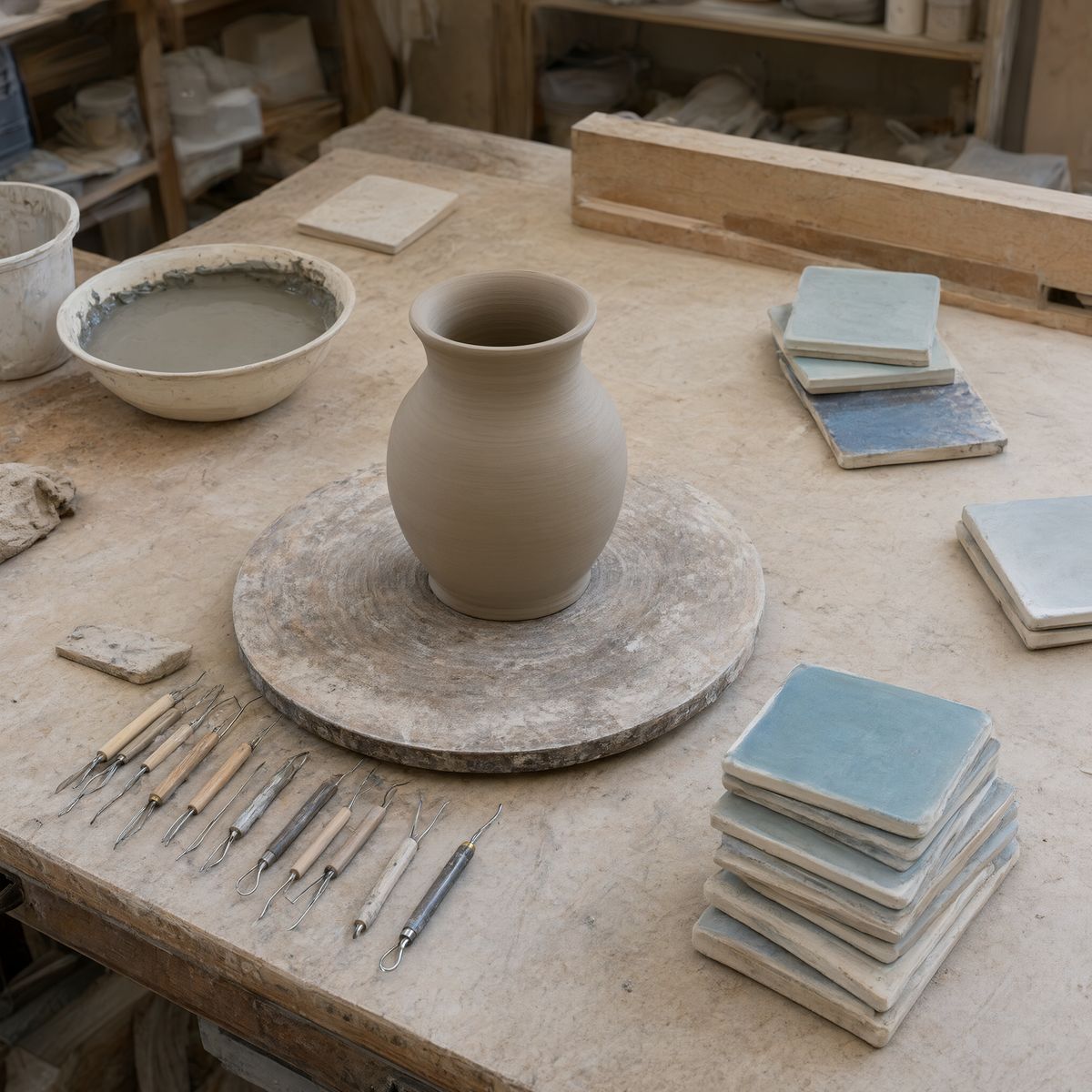 The same workbench with a taller vase, the tile stack moved to the right, and shelves of plaster moulds behind